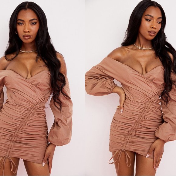 HOUSE OF CB 'Indra' Mocha Off The Shoulder Wrap Mini Dress NWOT - Picture 6 of 13